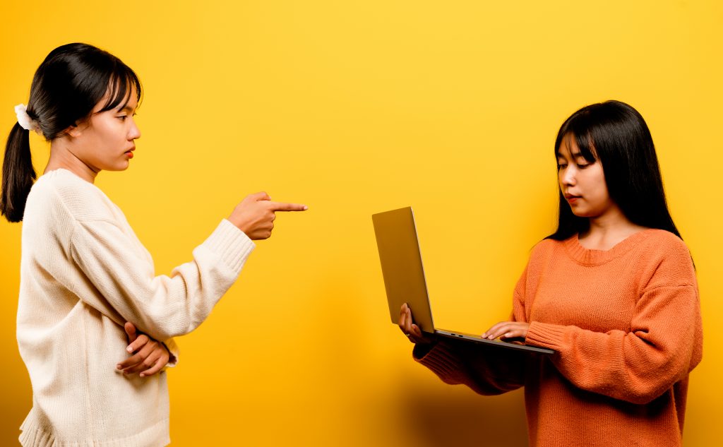 asian woman laptop order work friends work stress online show with serious face stress caused by working hard