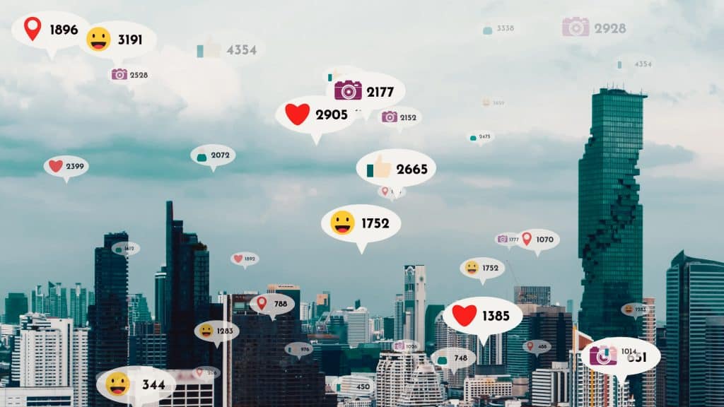 social media icons fly city downtown showing people reciprocity connection