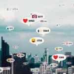 social media icons fly city downtown showing people reciprocity connection