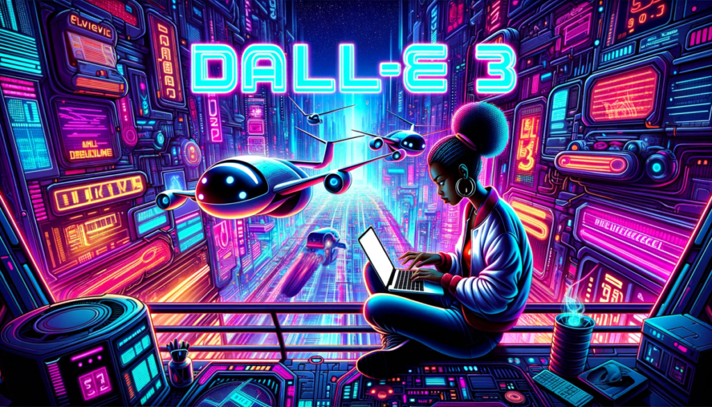 Dall·e 2023 10 19 13.58.24 16x9 Illustration Capturing A Vivid Futuristic Setting Where A Female Hacker Of African Descent Is Engrossed In Her Laptop. Above Her The Words Dall.png