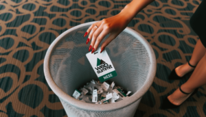 Dall·e 2023 10 20 19.23.09 Photo Of A Womans Tan Skinned Hand With Red Nail Polish Dropping A White And Green Conference Badge Labeled Web Summit Into A Mesh Trash Can. The .png