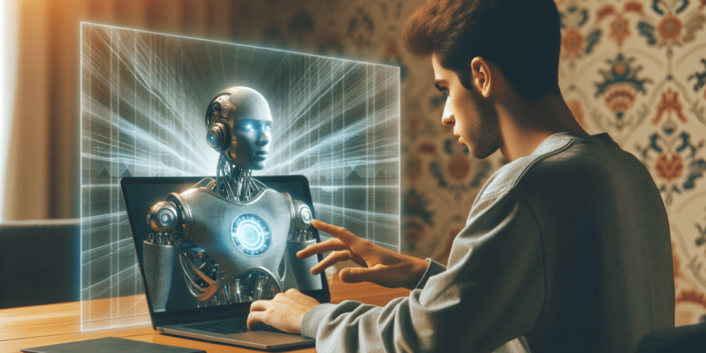 Dall·e 2023 10 25 10.37.16 Photo Of A Person Of Hispanic Descent Engrossed In A Video Chat With A Futuristic Robot On The Laptop. The Laptop Creates A Mild Illusion Of Echoing E1700668881535.png