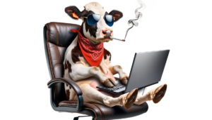 Dall·e 2023 11 01 12.36.56 Photo Of A Cow Sitting Upright In A Desk Chair Its Posture Resembling That Of A Human. The Cows Front Hooves Are Placed On A Computer Keyboard As If.png