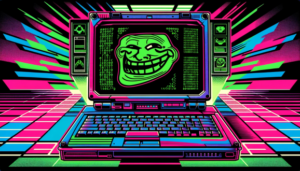 Dall·e 2023 11 09 21.52.50 A Chunky Cyberpunk Laptop In A Vector Art Synthwave Style With A Small Trollface Meme Displayed On The Screen. The Trollface Meme Is Rendered Entirely.png