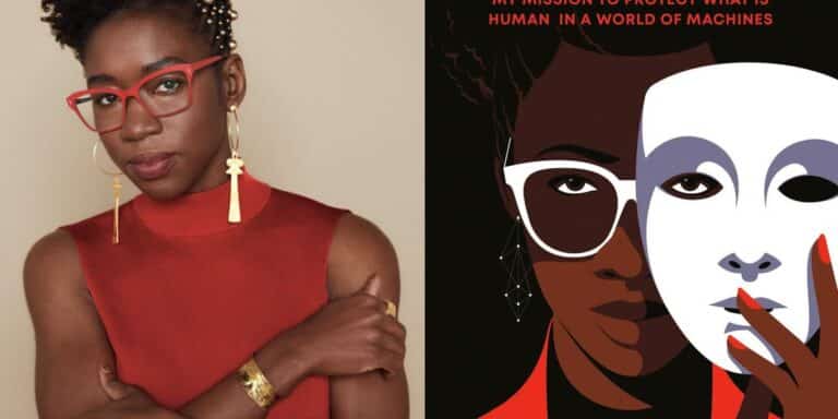 Portrait Of A Woman Wearing A Red Shirt And Glasses And A Cover Of A Book With A Person Holding Up Mask Up To Side Of Their Face.jpg