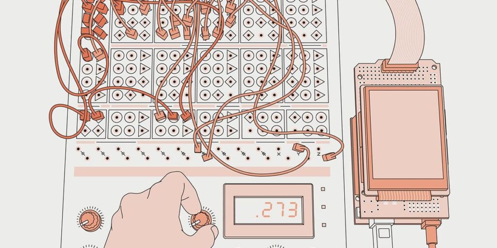 A Hand Adjusts A Knob On A Panel With Spaghetti Wiring A Ribbon Cable Links It To A Small Display.jpg