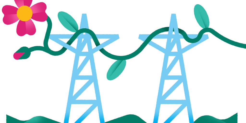 An Illustration Of Power Line Towers With A Flower Going Through Them.png