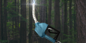 An Image Of A Gas Nozzle In Front Of A Forest With Lightning Coming Out.png