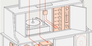 A Semi Transparant Illustration Of A Hi Fi Cabinet With A Flatscreen Tv Standing On Top Behind Doors Can Be Seen A Turntable C.png