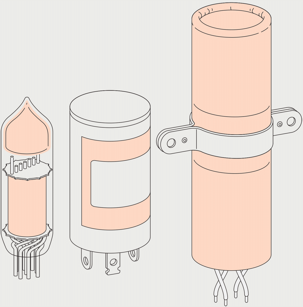 an illustration of a vacuum tube a squat metal can with electrode tabs and a long cardboard tube wit